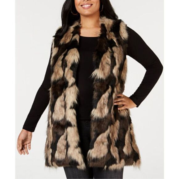 JOSEPH A Women’s Plus Size Faux-Fur Open-Front Vest Cardigan XL Black Tan - Picture 1 of 13